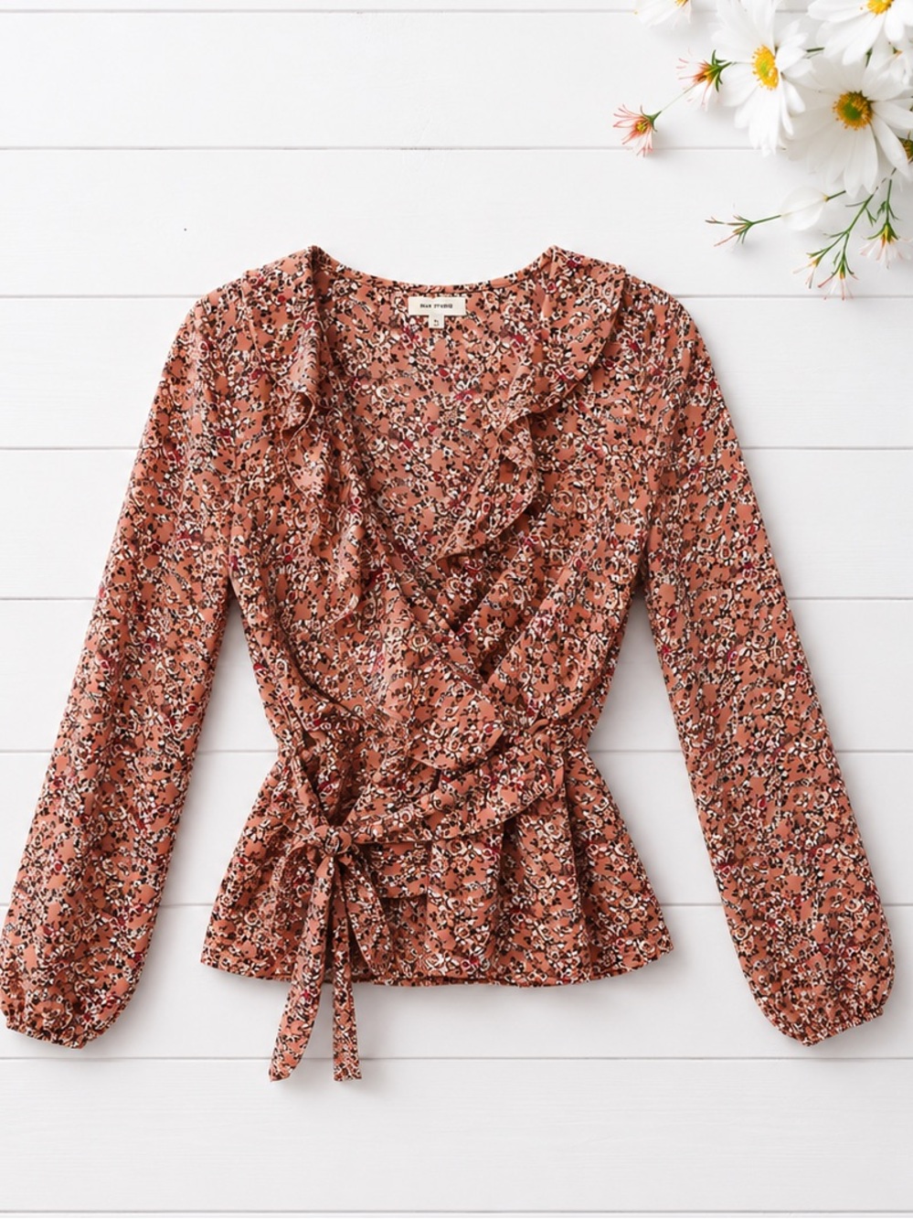 Max Studio  Floral Wrap Top with Ruffles Terra Cotta womens small